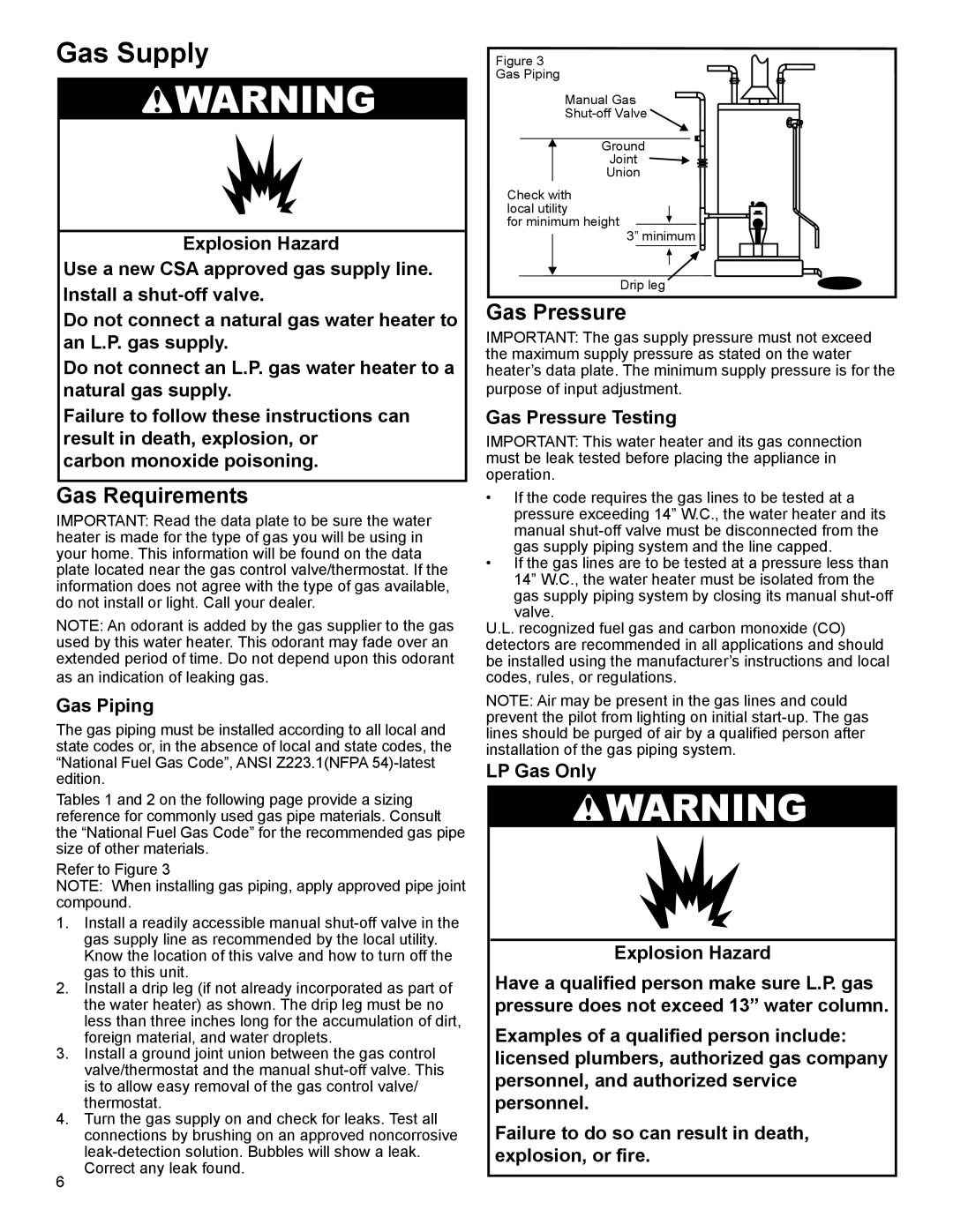 Whirlpool 315420-000, W10100910 warranty Gas Supply, Gas Requirements, Gas Piping, Gas Pressure Testing 