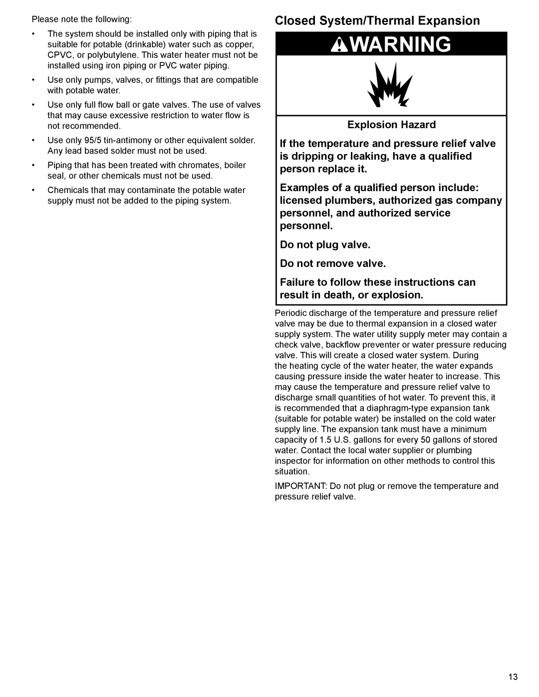 Whirlpool W10123251, 315422-000, SG1J5040T3NOV 7K, SG1J4040T3NOV 7K installation instructions Closed System/Thermal Expansion 