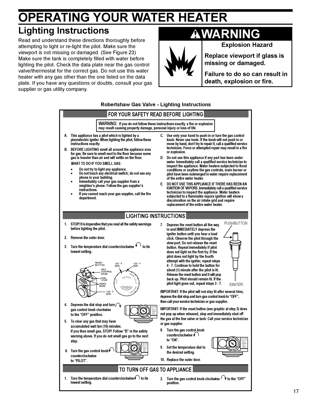 Whirlpool W10123251, 315422-000, SG1J5040T3NOV 7K, SG1J4040T3NOV 7K Operating Your Water Heater, Lighting Instructions 