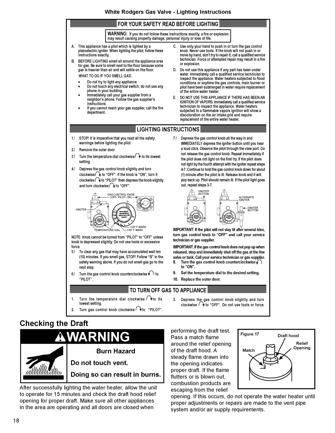 Whirlpool SG1J5040T3NOV 7K, 315422-000 Checking the Draft, Burn Hazard Do not touch vent Doing so can result in burns 