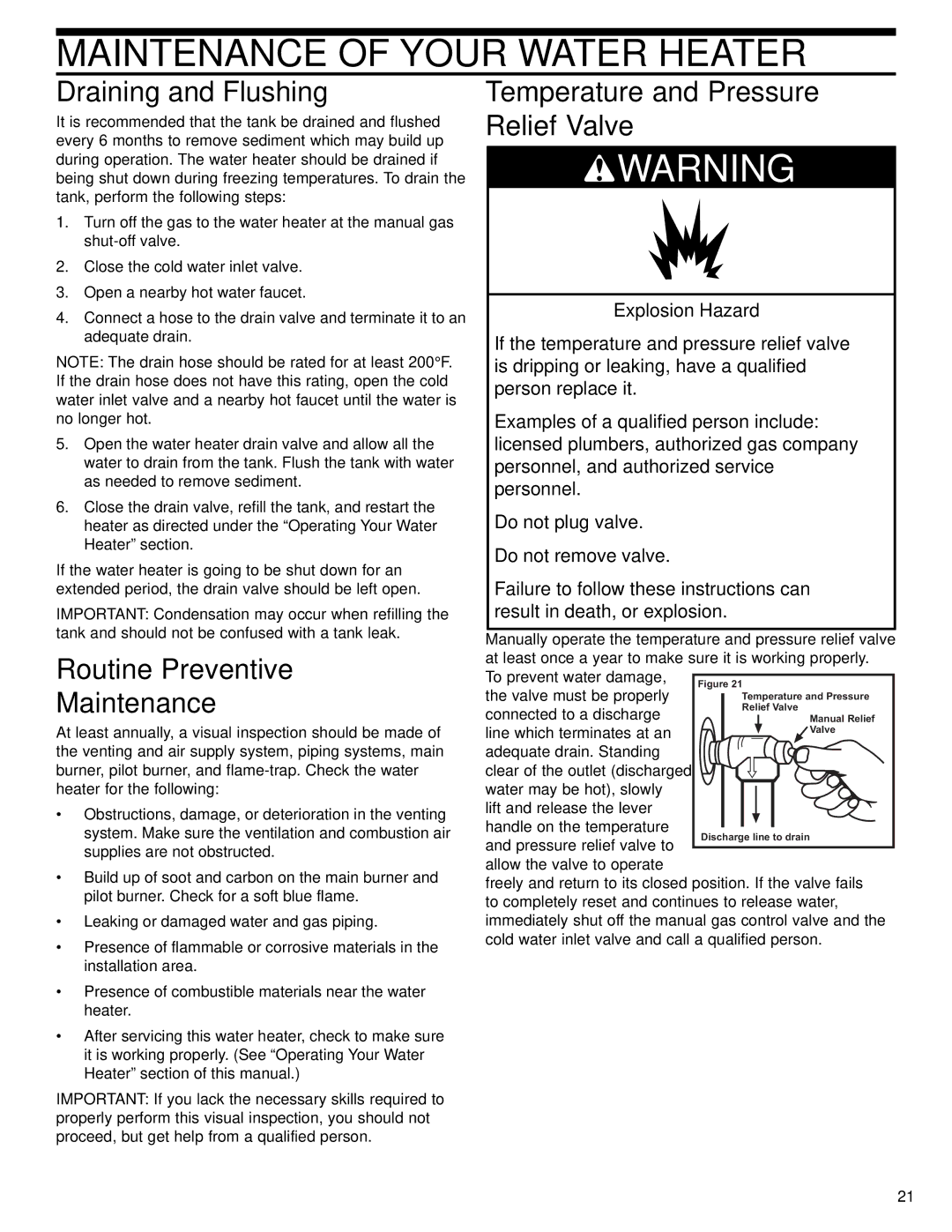 Whirlpool W10123251, 315422-000 Maintenance of Your Water Heater, Draining and Flushing, Routine Preventive Maintenance 