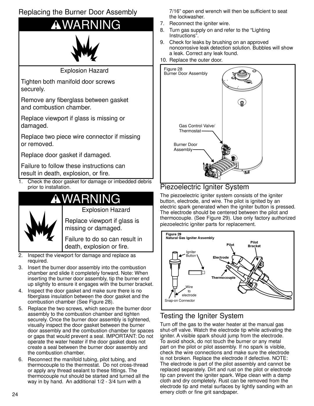 Whirlpool 315422-000 Replacing the Burner Door Assembly, Piezoelectric Igniter System, Testing the Igniter System 