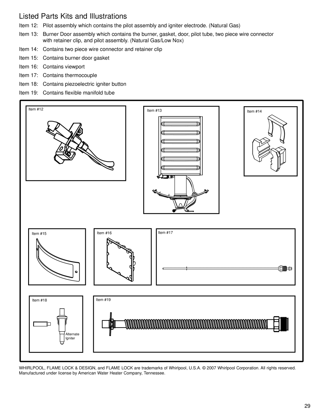 Whirlpool W10123251, 315422-000, SG1J5040T3NOV 7K, SG1J4040T3NOV 7K Listed Parts Kits and Illustrations 