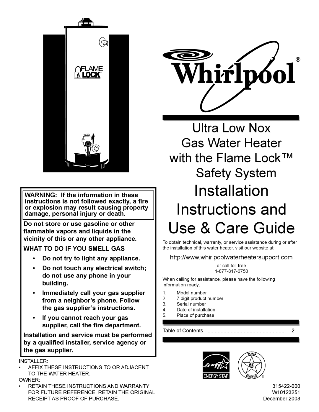 Whirlpool W10123251, 315422-000, SG1J5040T3NOV 7K installation instructions Installation Instructions and Use & Care Guide 