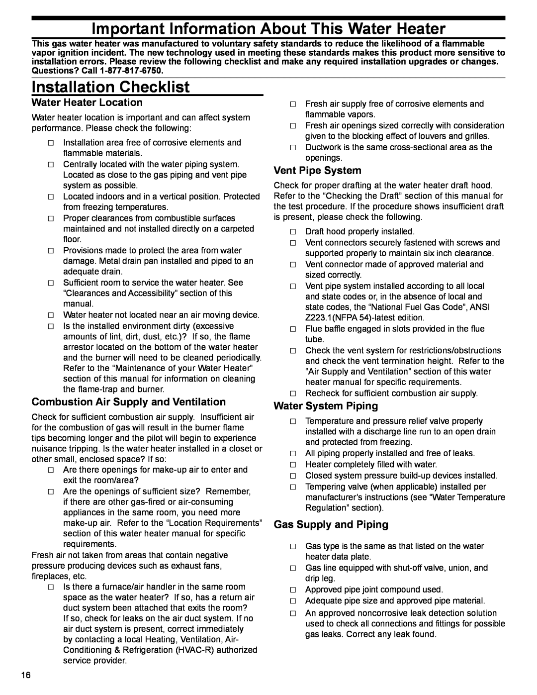 Whirlpool 315422-000 Installation Checklist, Important Information About This Water Heater, Water Heater Location 