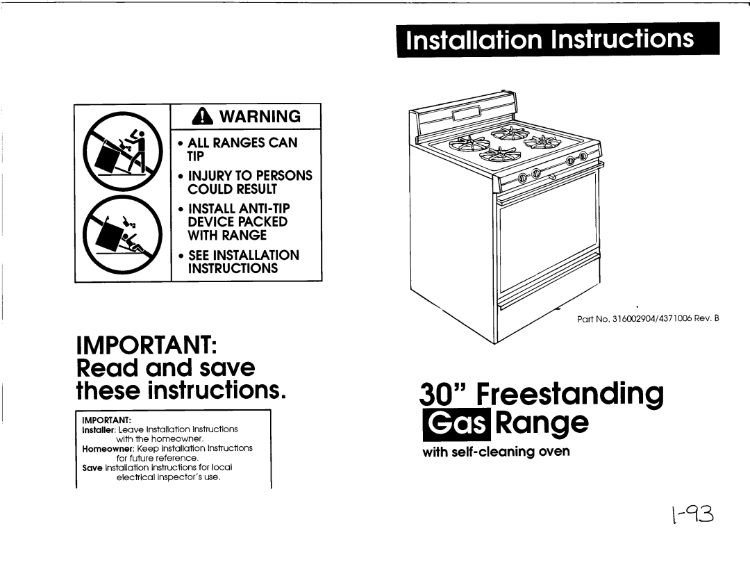 Whirlpool 4371006, 316002904 installation instructions Important Read and save these instructions 