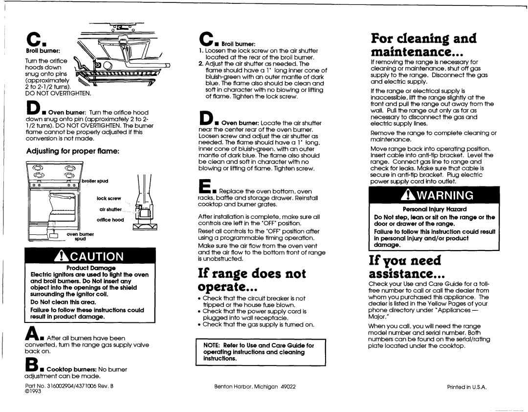 Whirlpool 4371006, 316002904 If range does not Operate, For cleaning Maintenance, If you need Assistance 