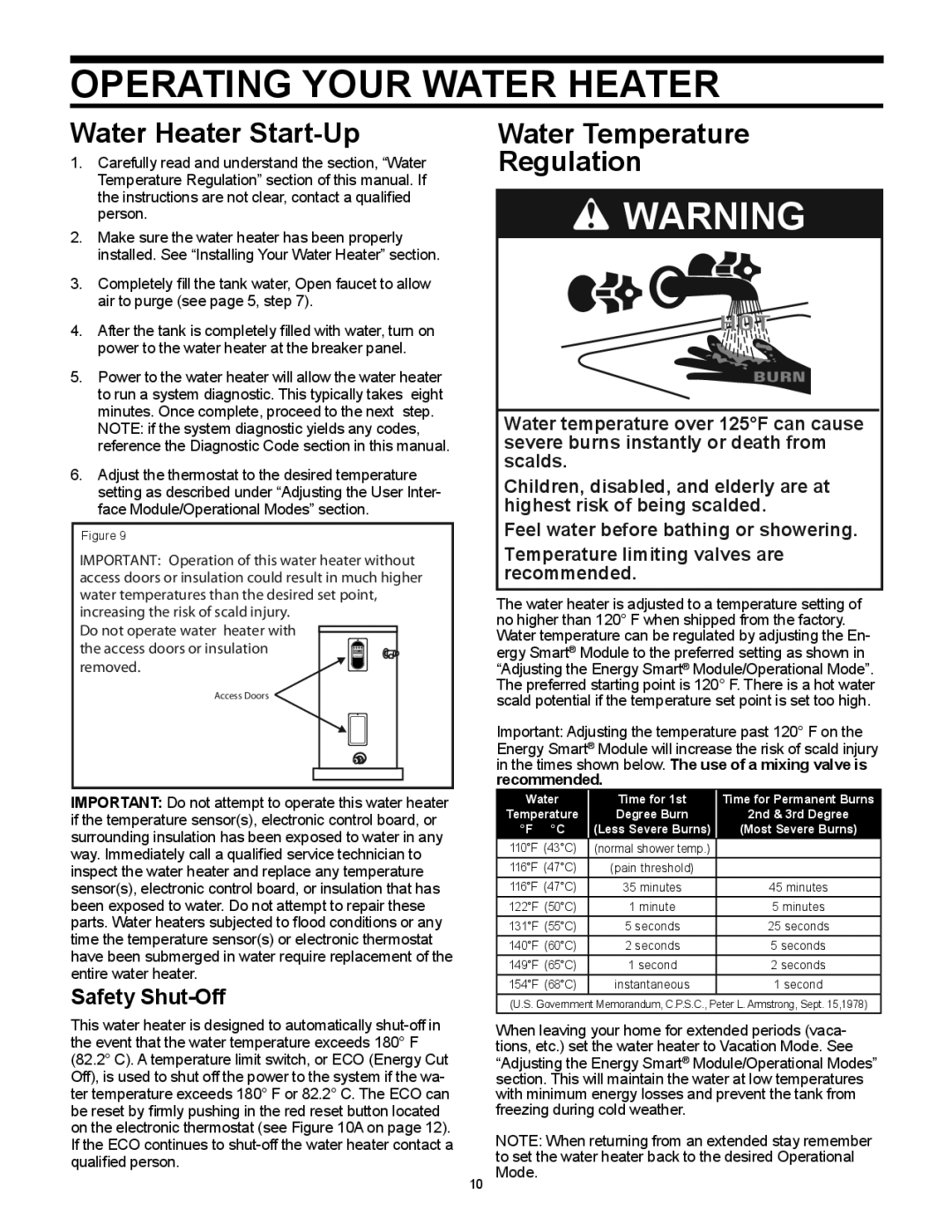 Whirlpool 318686-000 Operating Your Water Heater, Water Heater Start-Up, Water Temperature Regulation, Safety Shut-Off 