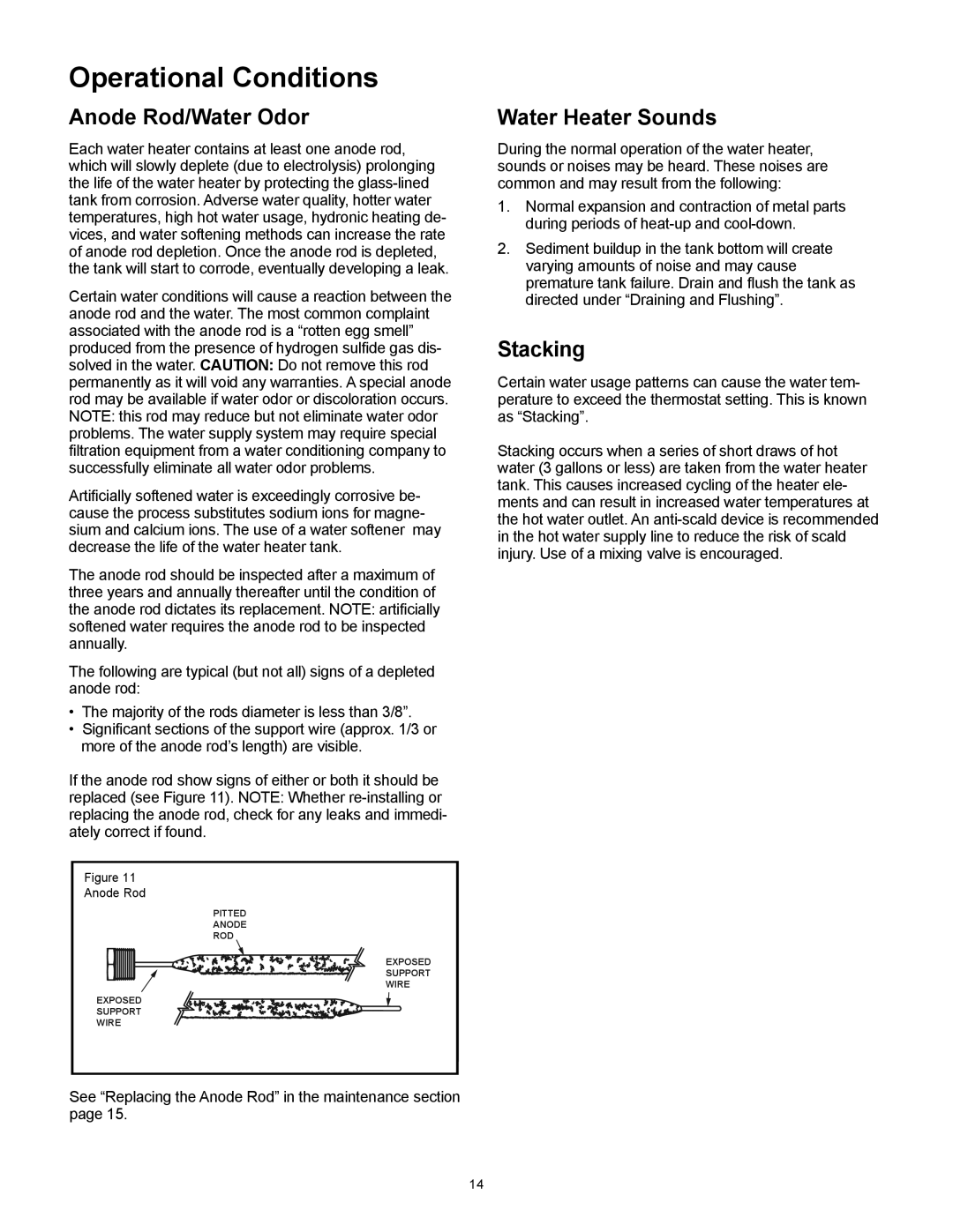 Whirlpool 318686-000 installation instructions Operational Conditions, Anode Rod/Water Odor, Water Heater Sounds, Stacking 