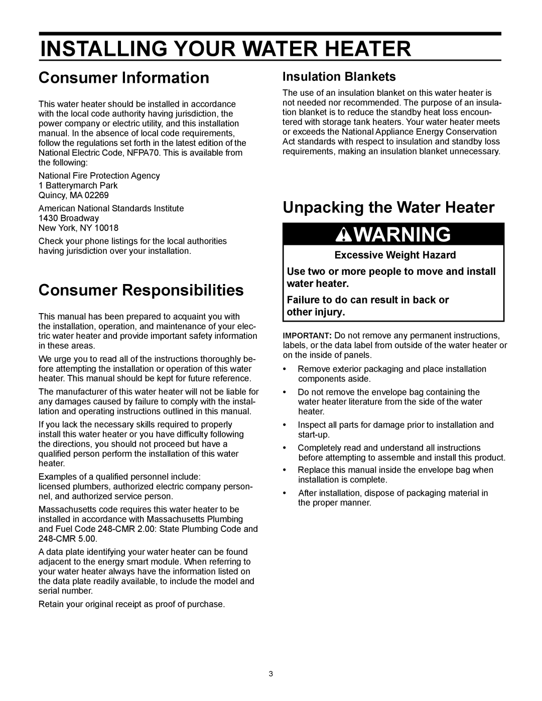 Whirlpool 318686-000 Installing Your Water Heater, Consumer Information, Consumer Responsibilities 