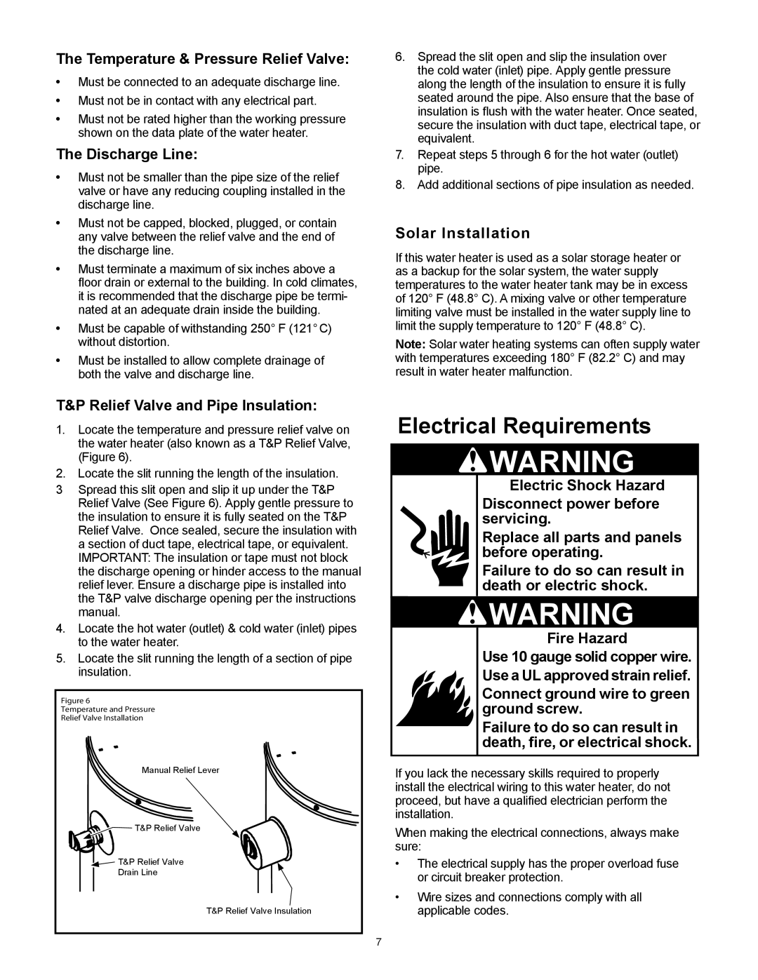 Whirlpool 318686-000 Electrical Requirements, Temperature & Pressure Relief Valve, Discharge Line, Solar Installation 