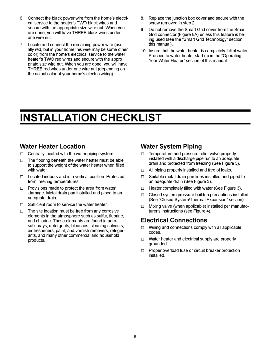 Whirlpool 318686-000 Installation Checklist, Water Heater Location, Water System Piping, Electrical Connections 