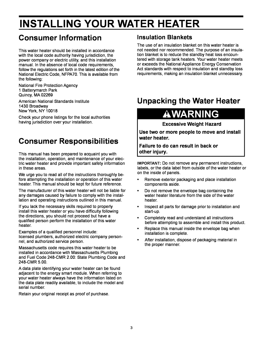Whirlpool 318686-000 Installing Your Water Heater, Consumer Information, Consumer Responsibilities, Insulation Blankets 