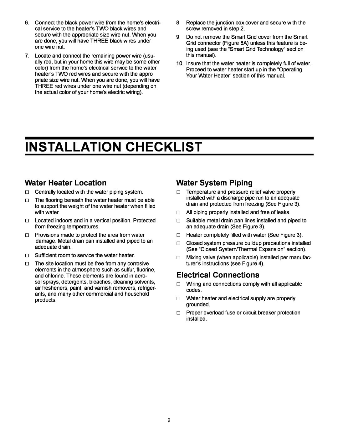Whirlpool 318686-000 Installation Checklist, Water Heater Location, Water System Piping, Electrical Connections 