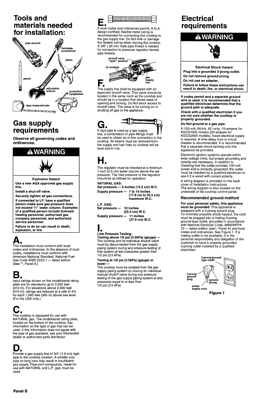 Whirlpool 3189086 Tools and materials needed for installation, Observe all governing codes and ordinances, Panel B 