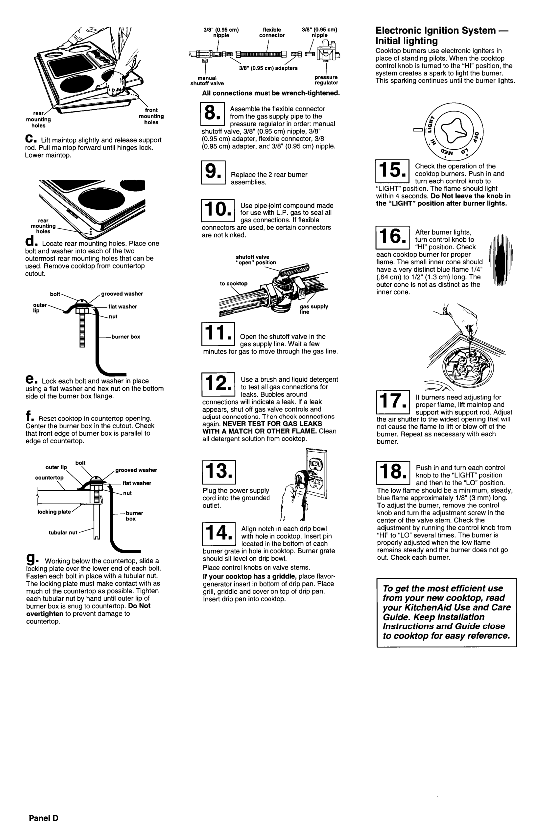 Whirlpool 3189086 installation instructions Electronic Ignition System Initial lighting, Panel D 