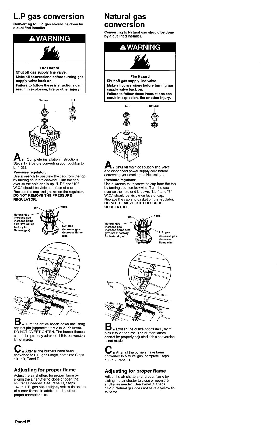 Whirlpool 3189086 installation instructions Gas conversion, Natural gas conversion, Adjusting for proper flame, Panel E 