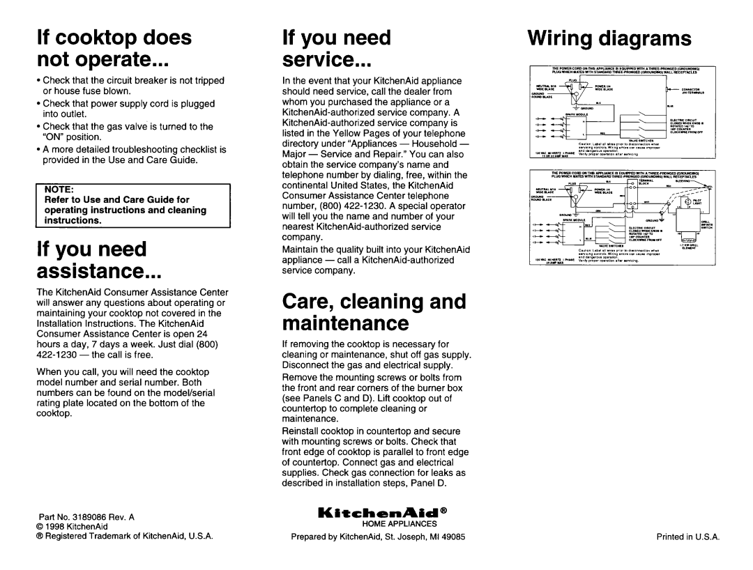 Whirlpool 3189086 If cooktop does Not operate, If you need Assistance, If you need Service, Care, cleaning and maintenance 