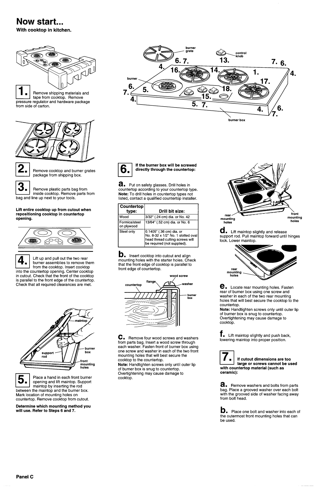 Whirlpool 3189086 installation instructions Now start, With cooktop in kitchen, Countertop, bit size, type, Panel C, Drill 