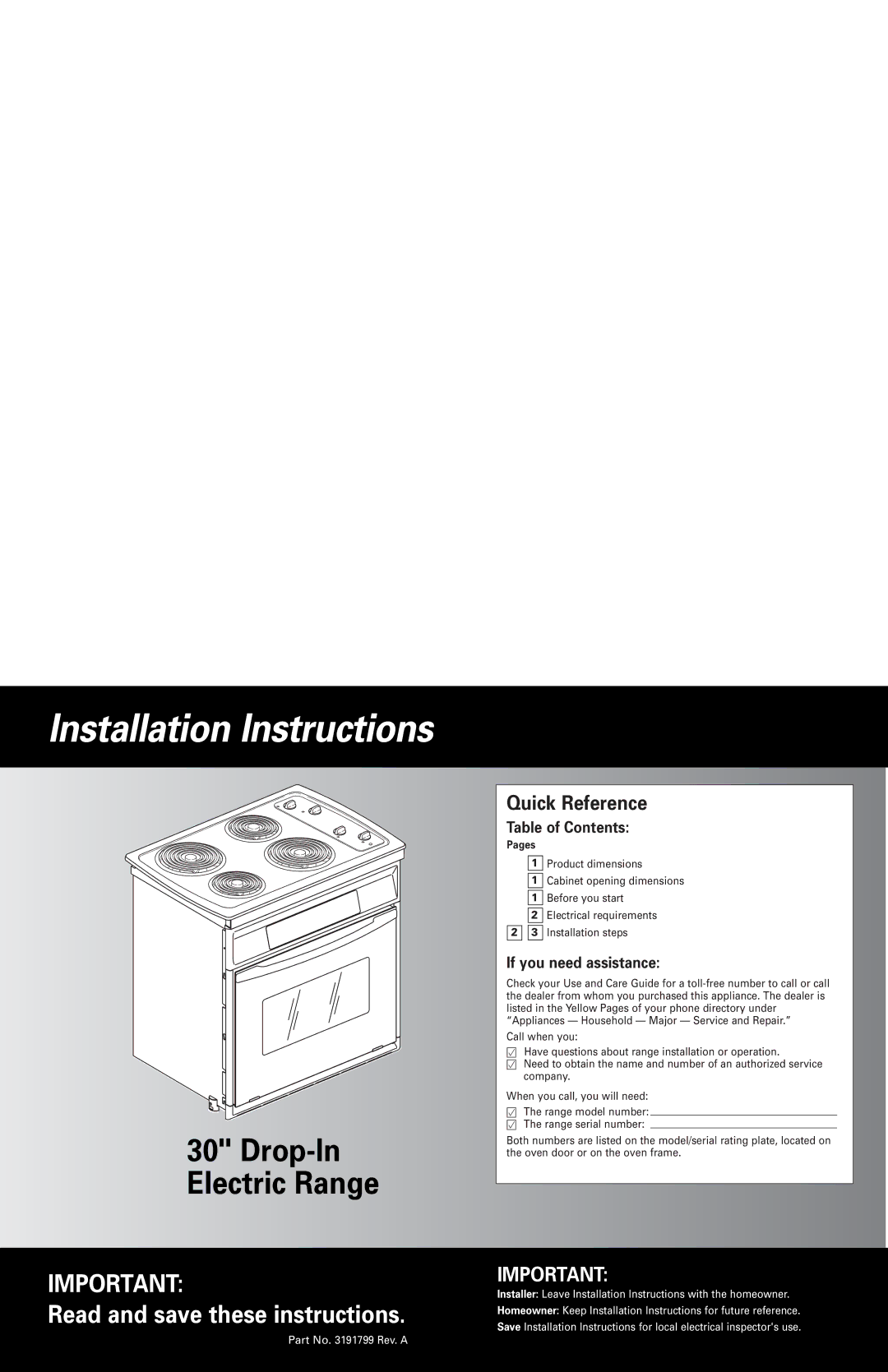 Whirlpool 3191799 installation instructions Installation Instructions 