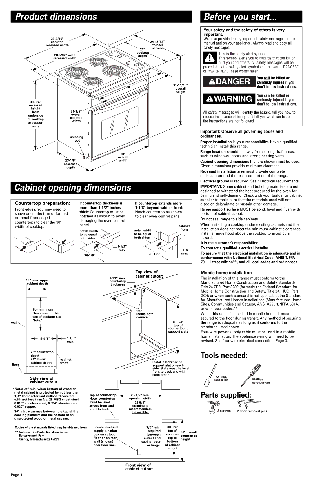 Whirlpool 3191799 Product dimensions Before you start, Cabinet opening dimensions, Tools needed, Parts supplied 