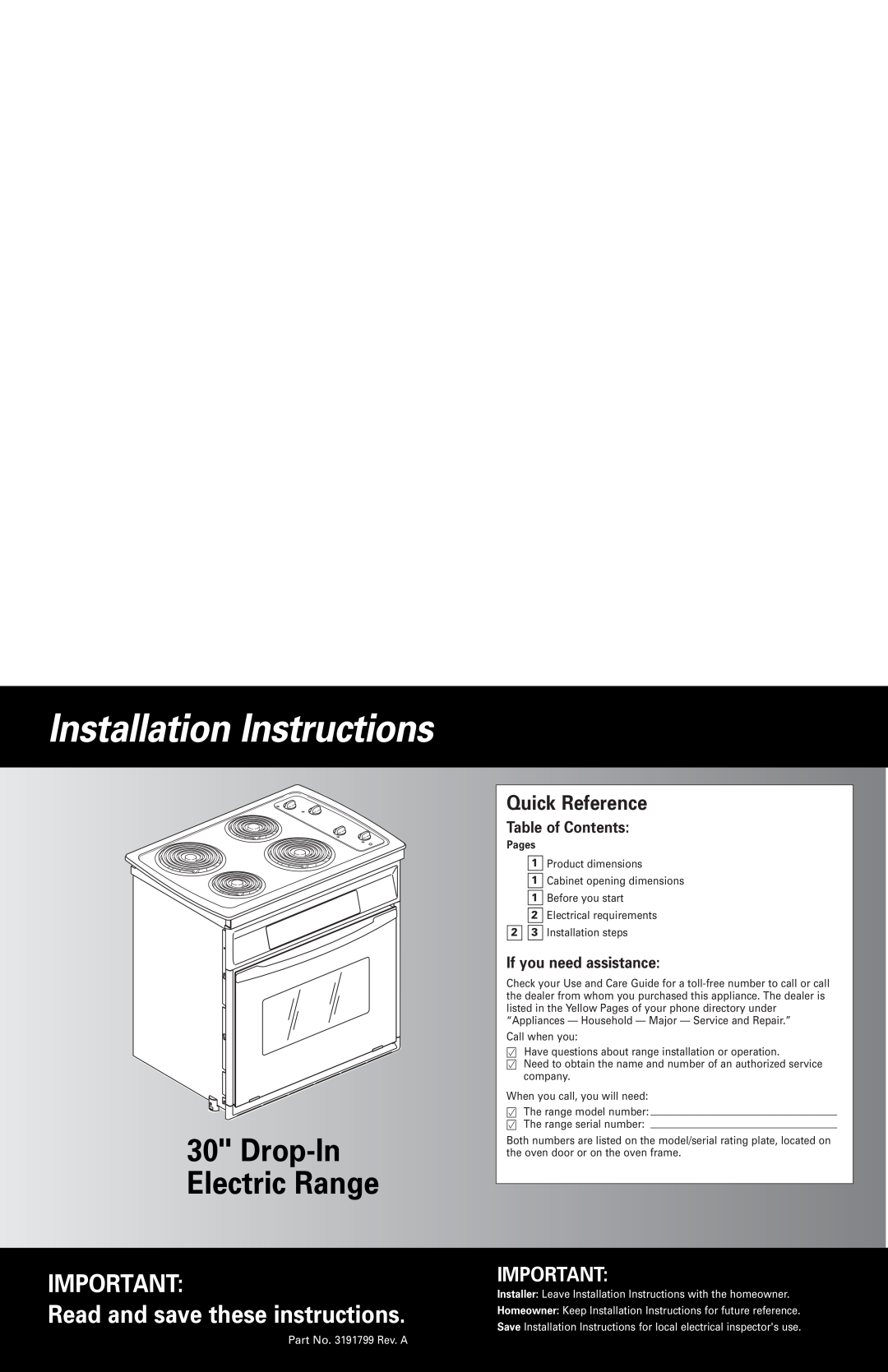 Whirlpool 3191799 installation instructions Installation Instructions, Drop-In Electric Range, Quick Reference 