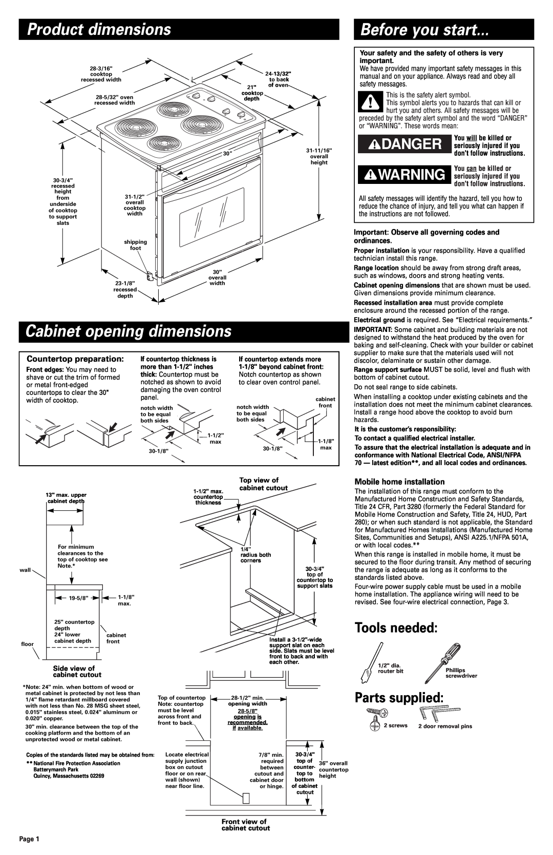 Whirlpool 3191799 Product dimensions, Before you start, Cabinet opening dimensions, Tools needed, Parts supplied 