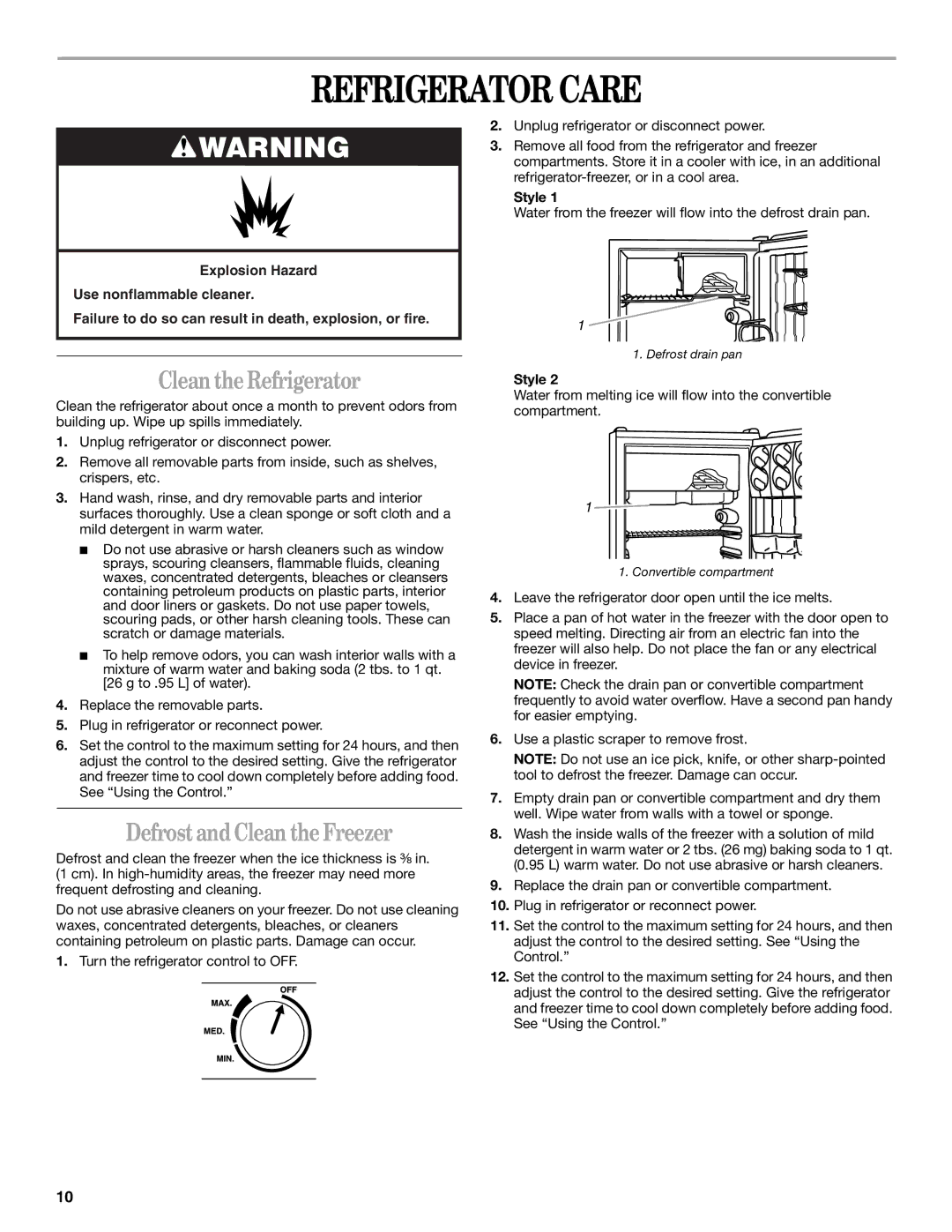 Whirlpool 326031822 manual Refrigerator Care, Clean the Refrigerator, Defrost and Clean the Freezer, Style 