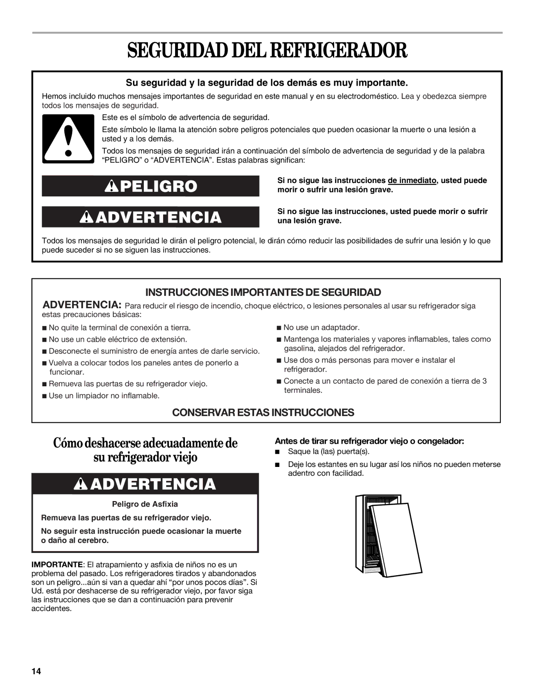 Whirlpool 326031822 manual Seguridad DEL Refrigerador, Antes de tirar su refrigerador viejo o congelador 