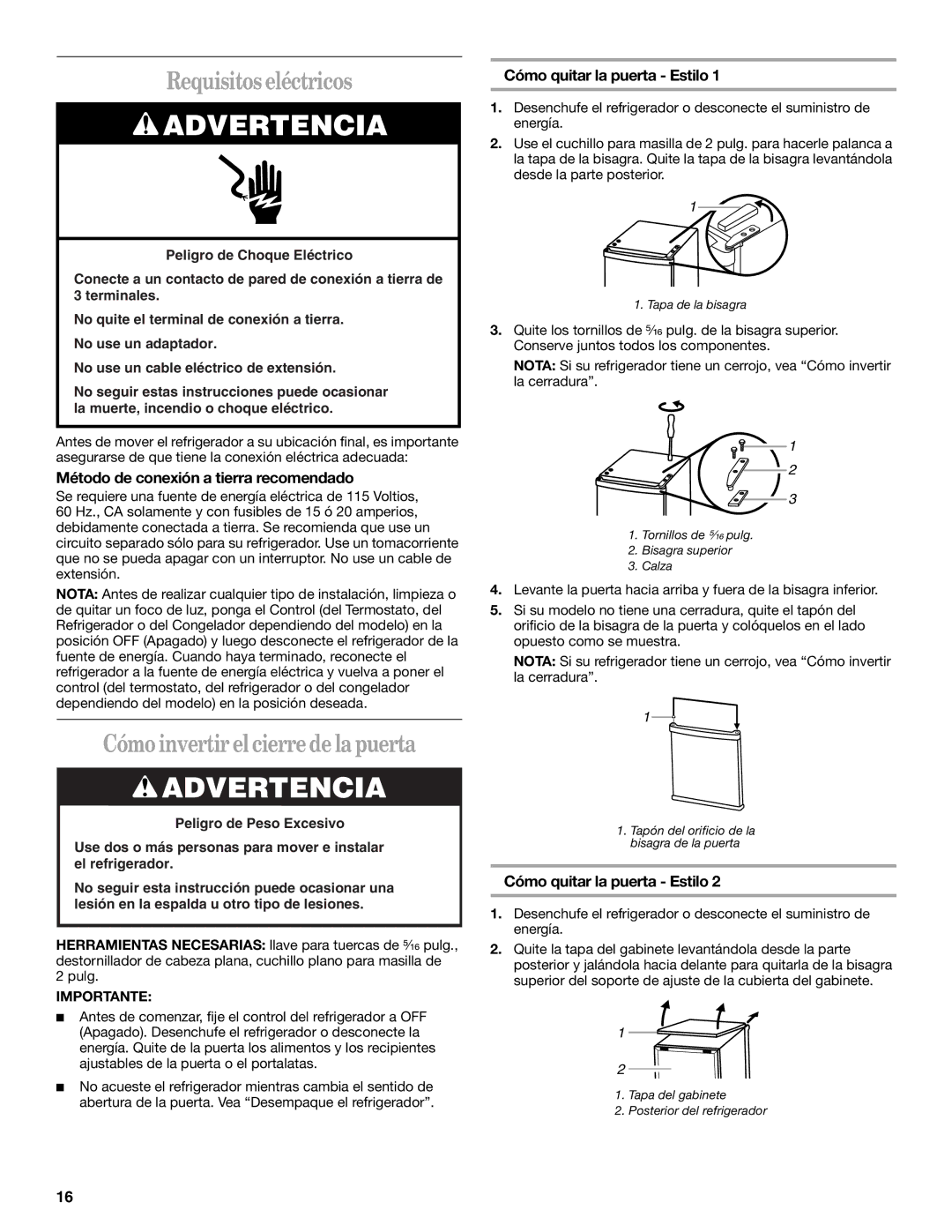 Whirlpool 326031822 Requisitos eléctricos, Cómo invertir el cierre de la puerta, Método de conexión a tierra recomendado 