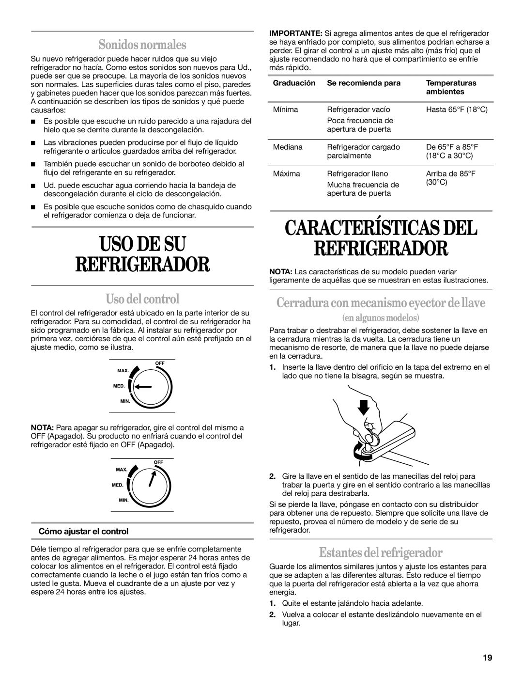 Whirlpool 326031822 USO DE SU Refrigerador, Sonidos normales, Uso del control, Cerradura con mecanismo eyector de llave 