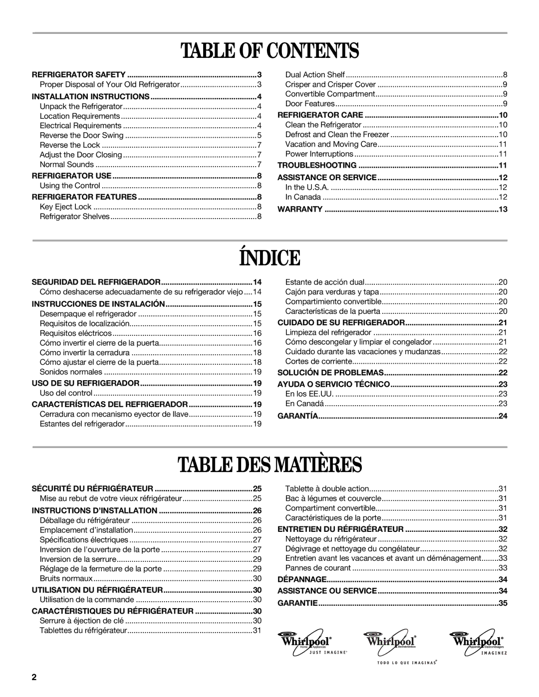 Whirlpool 326031822 manual Table of Contents, Índice, Table DES Matières 