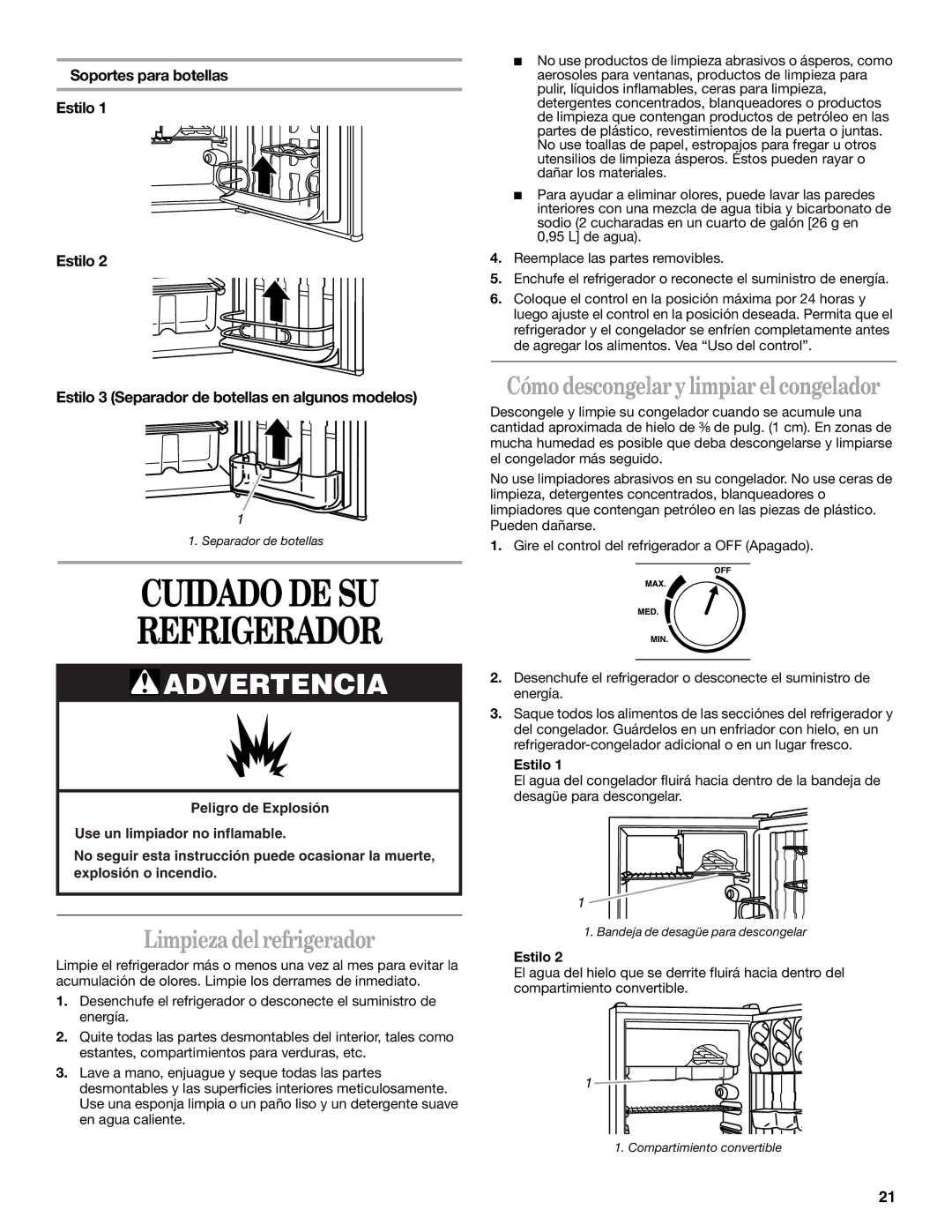 Whirlpool 326031822 manual Cuidado DE SU Refrigerador, Cómo descongelar y limpiar el congelador, Limpieza del refrigerador 