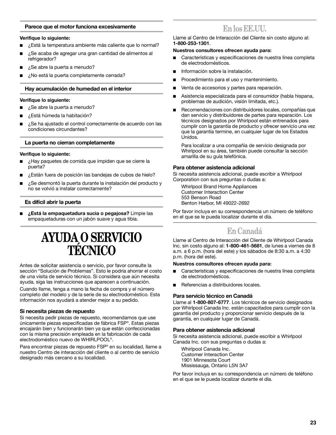 Whirlpool 326031822 manual Ayuda O Servicio Técnico, En los EE.UU, En Canadá 