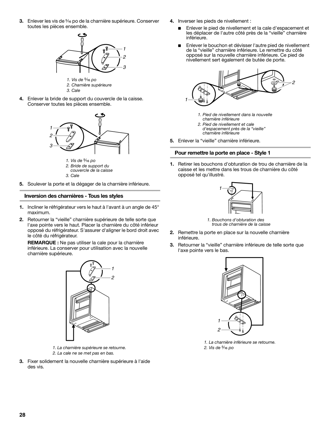 Whirlpool 326031822 manual Inversion des charnières Tous les styles, Pour remettre la porte en place Style 