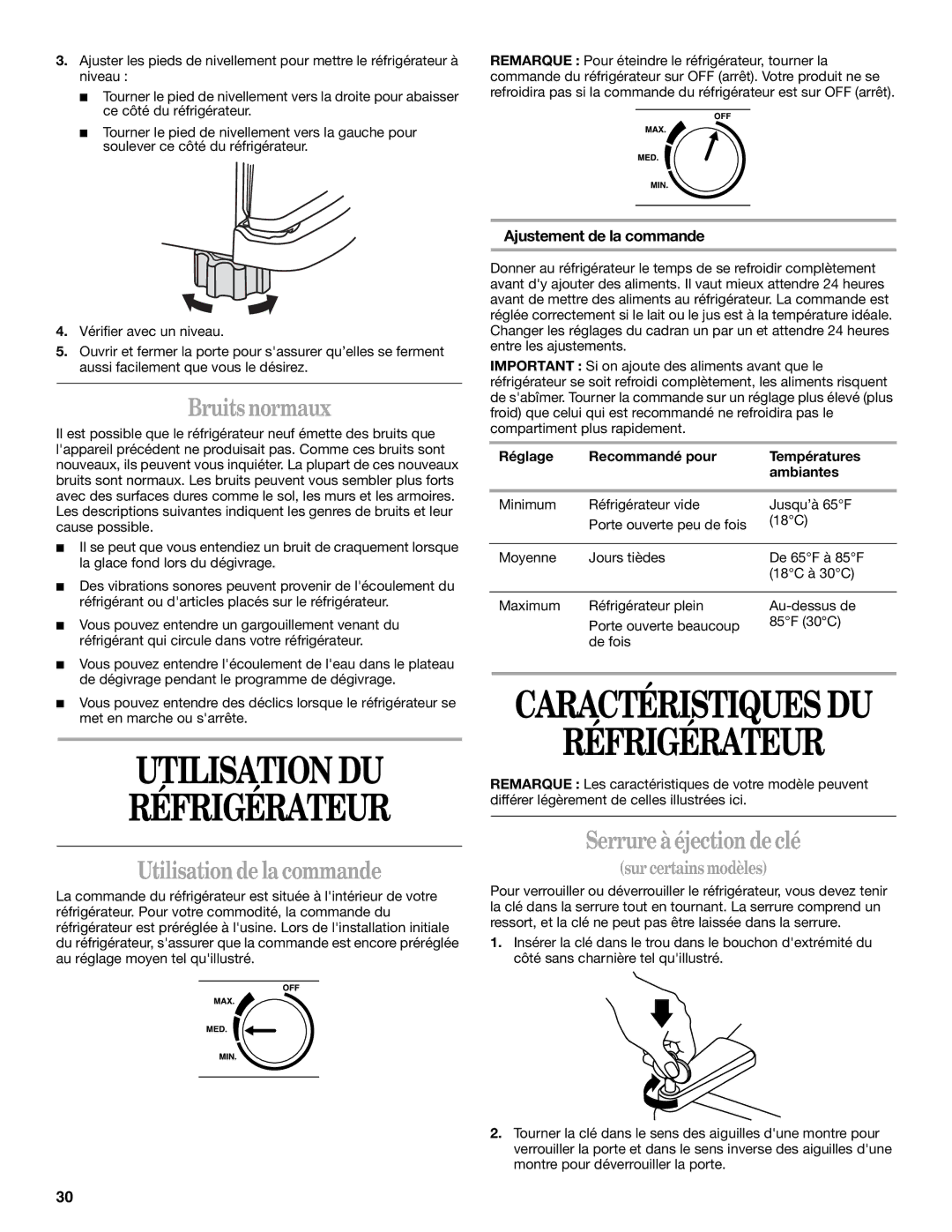 Whirlpool 326031822 Utilisation DU Réfrigérateur, Bruits normaux, Utilisation de la commande, Serrure à éjection de clé 