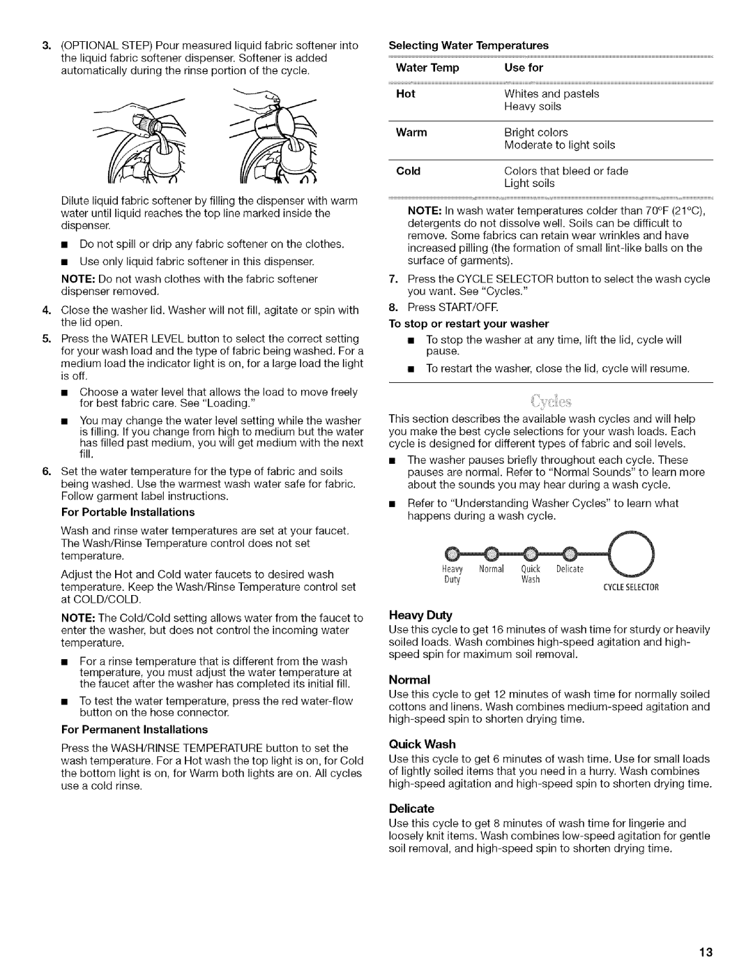 Whirlpool 326035915 manual For Portable Installations, For Permanent Installations, Temperatures Water Use for, Heavy Duty 