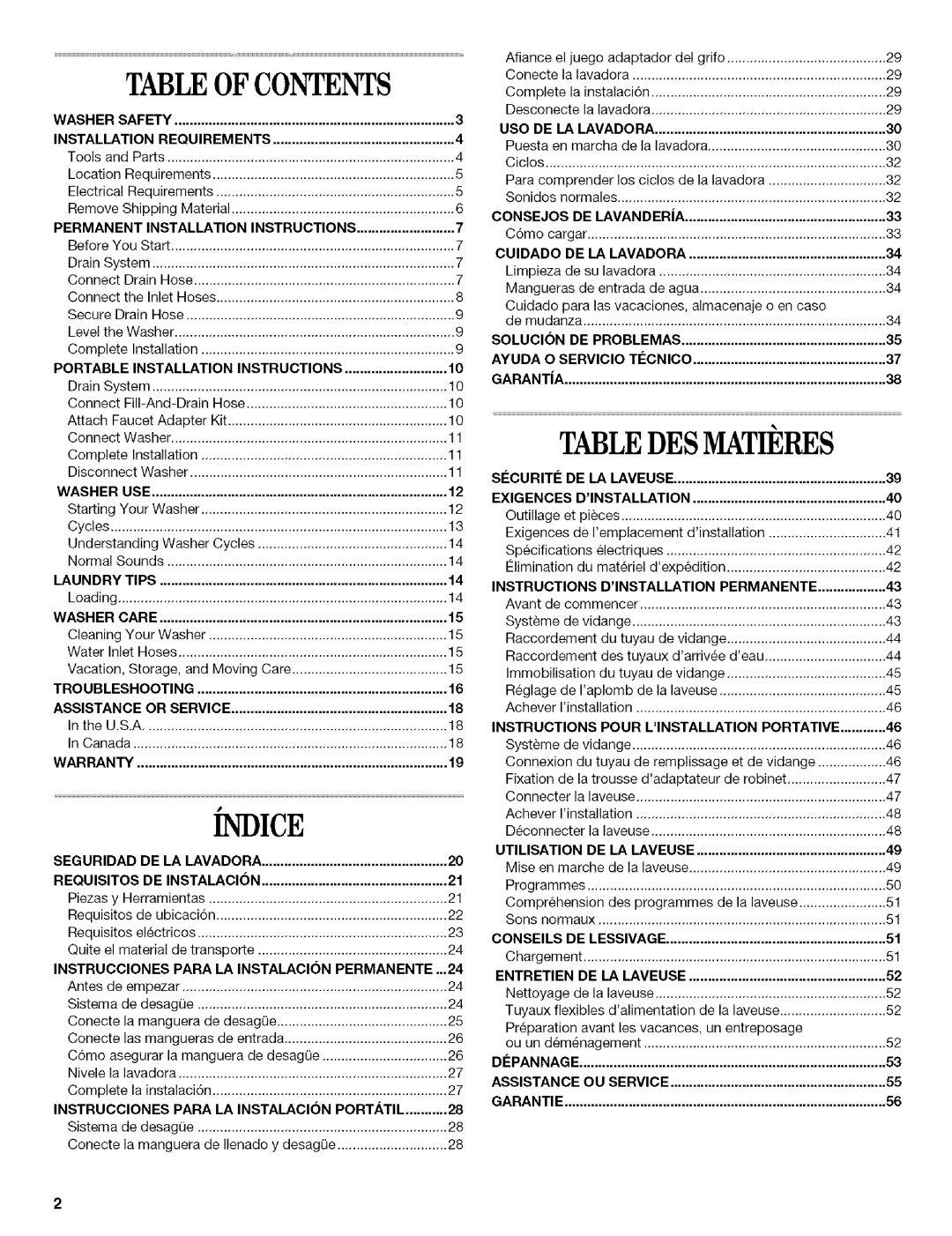 Whirlpool 326035915 manual Tableof Contents, Tabledes Matieres, Indice 