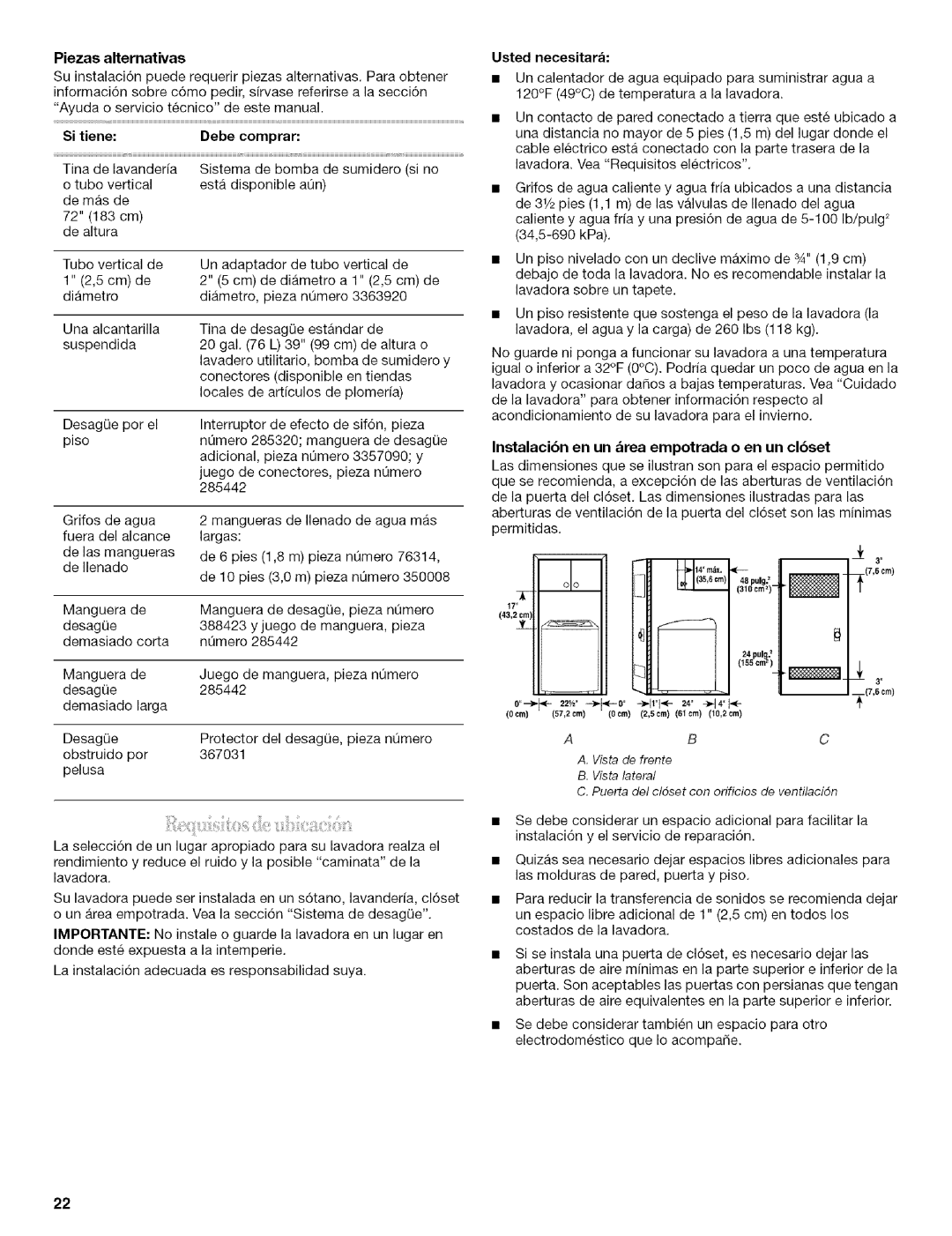 Whirlpool 326035915 manual Piezas alternativas, Usted necesitara, Instalacibn en un &rea empotrada o en un clbset 