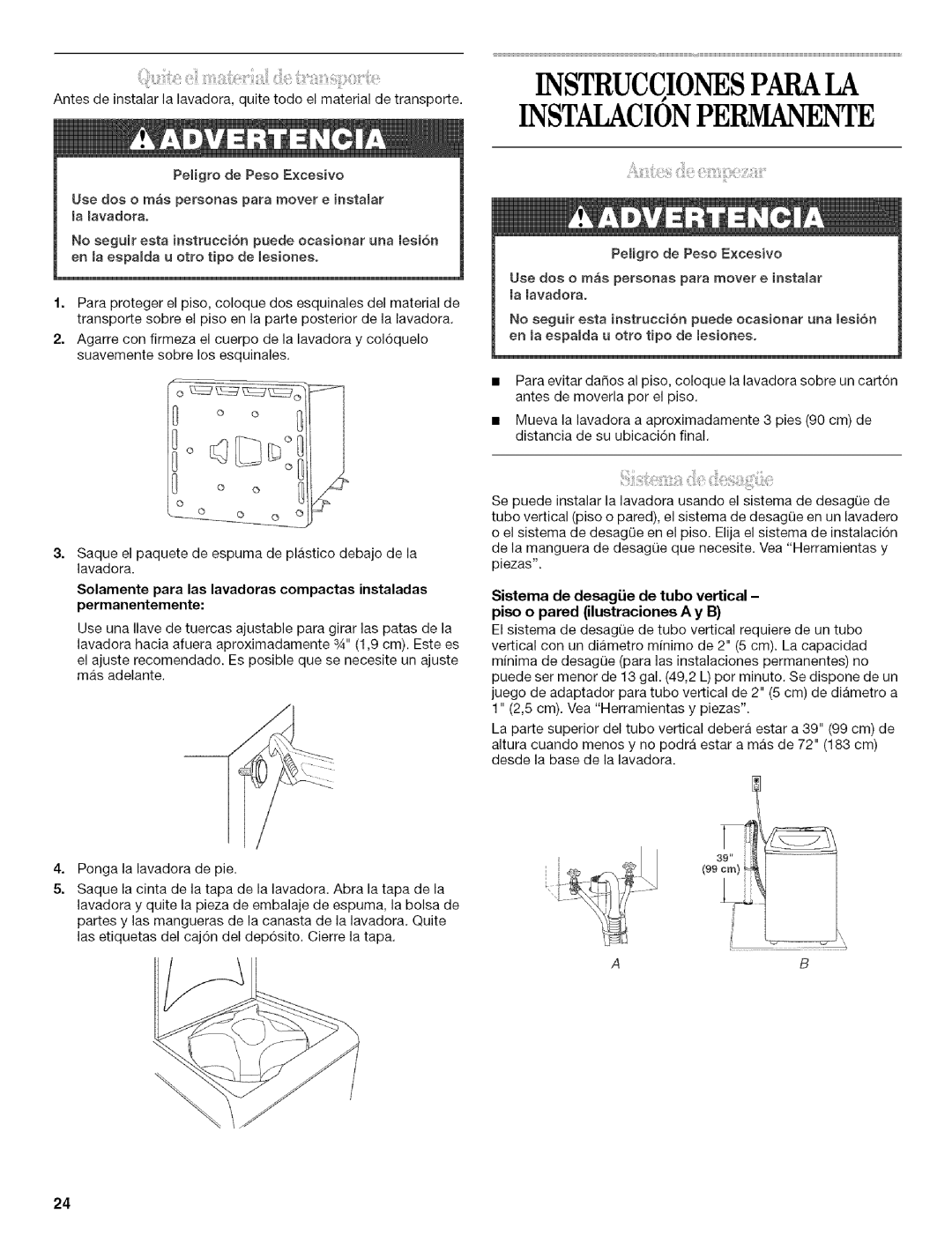 Whirlpool 326035915 manual Instruccionesparala Instaiacionpermanente 