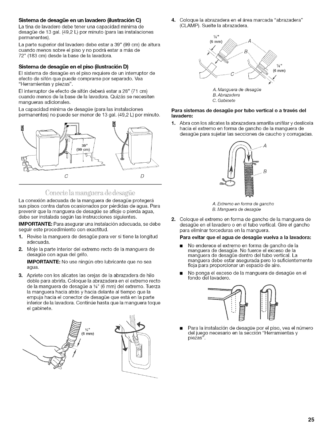 Whirlpool 326035915 manual Sistema de desagiJe en un lavadero ilustracibn C, Sistema de desagiie en el piso ilustracibn D 