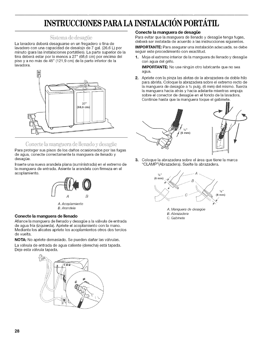 Whirlpool 326035915 manual Instruccionesparalainstalacionportatil, Conecte la manguera de desagiie 