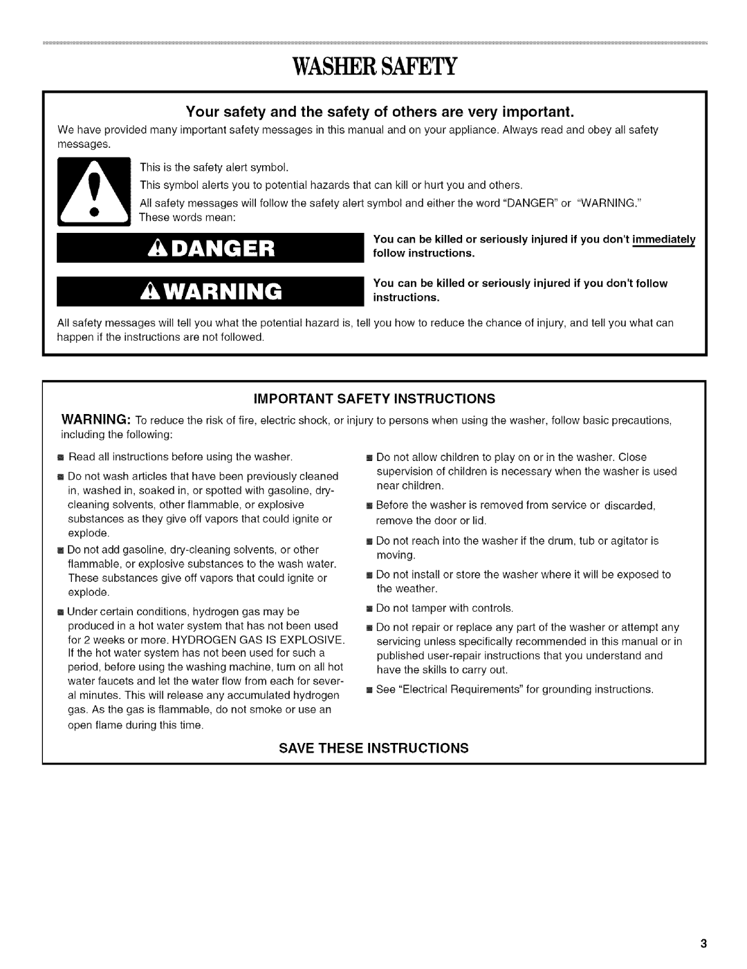 Whirlpool 326035915 manual Washersafety, Your safety and the safety of others are very important 