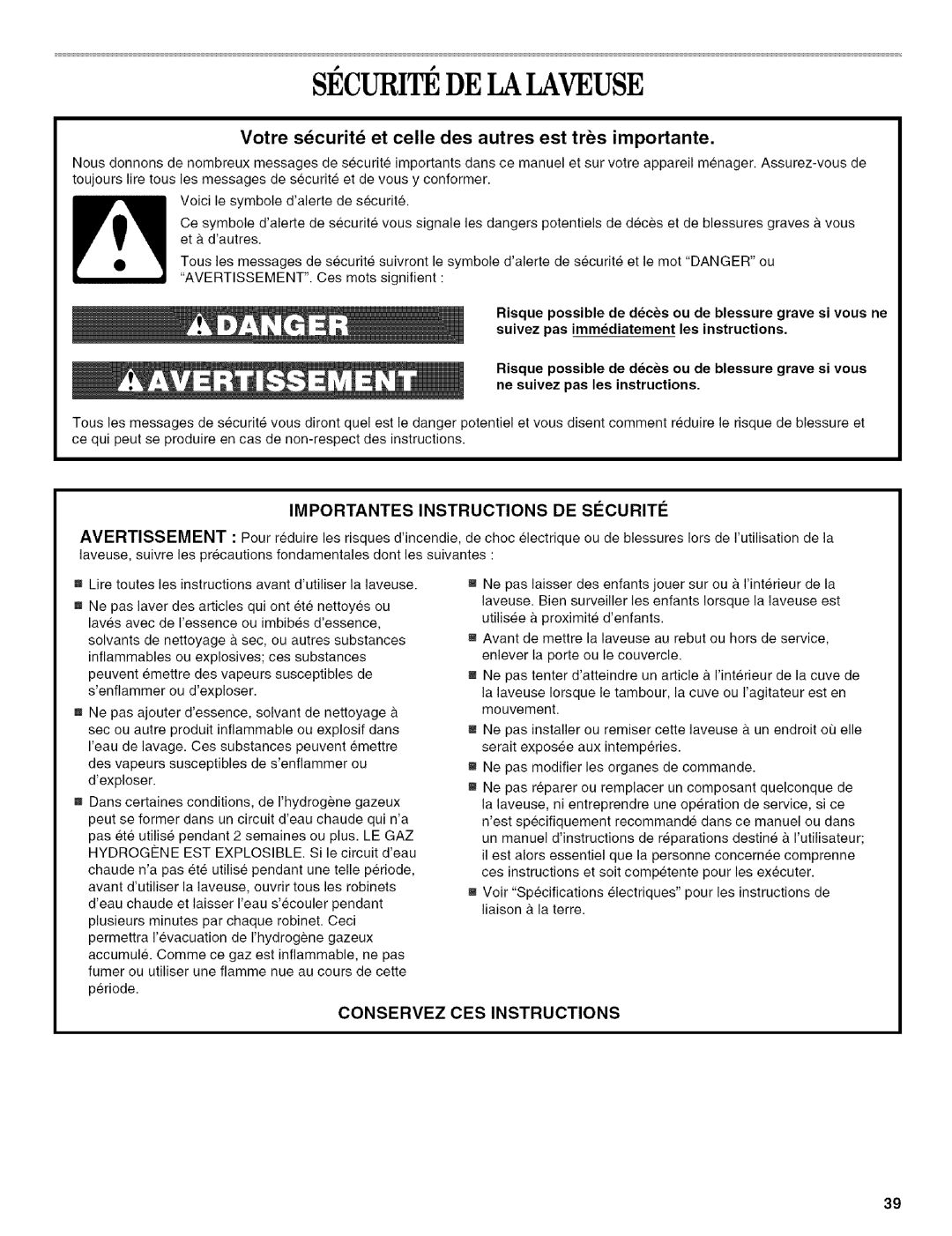 Whirlpool 326035915 manual Securitede Lalaveuse, Avertissement 