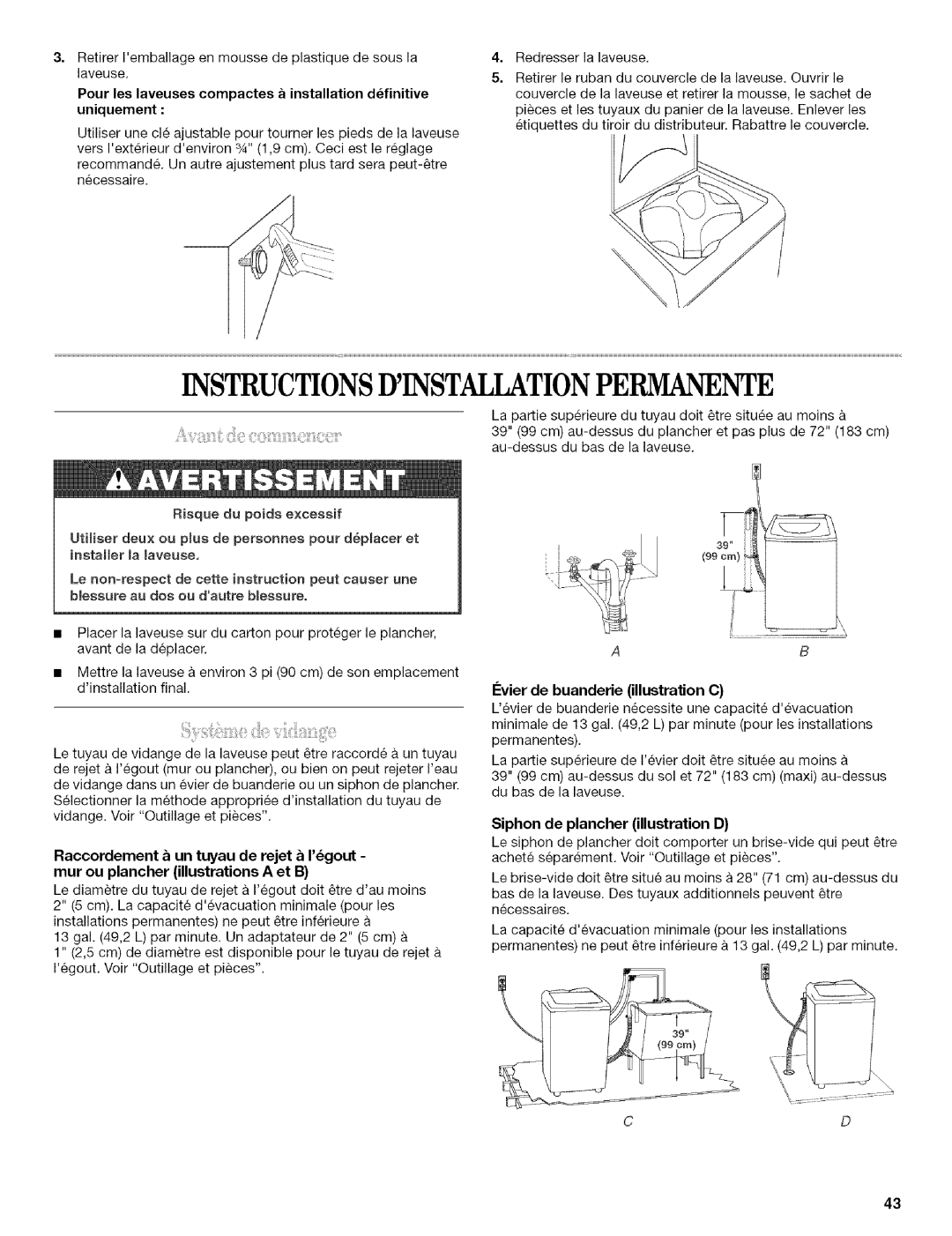 Whirlpool 326035915 manual Instructionsdinstallationpermanente, Ivier de buanderie illustration C 