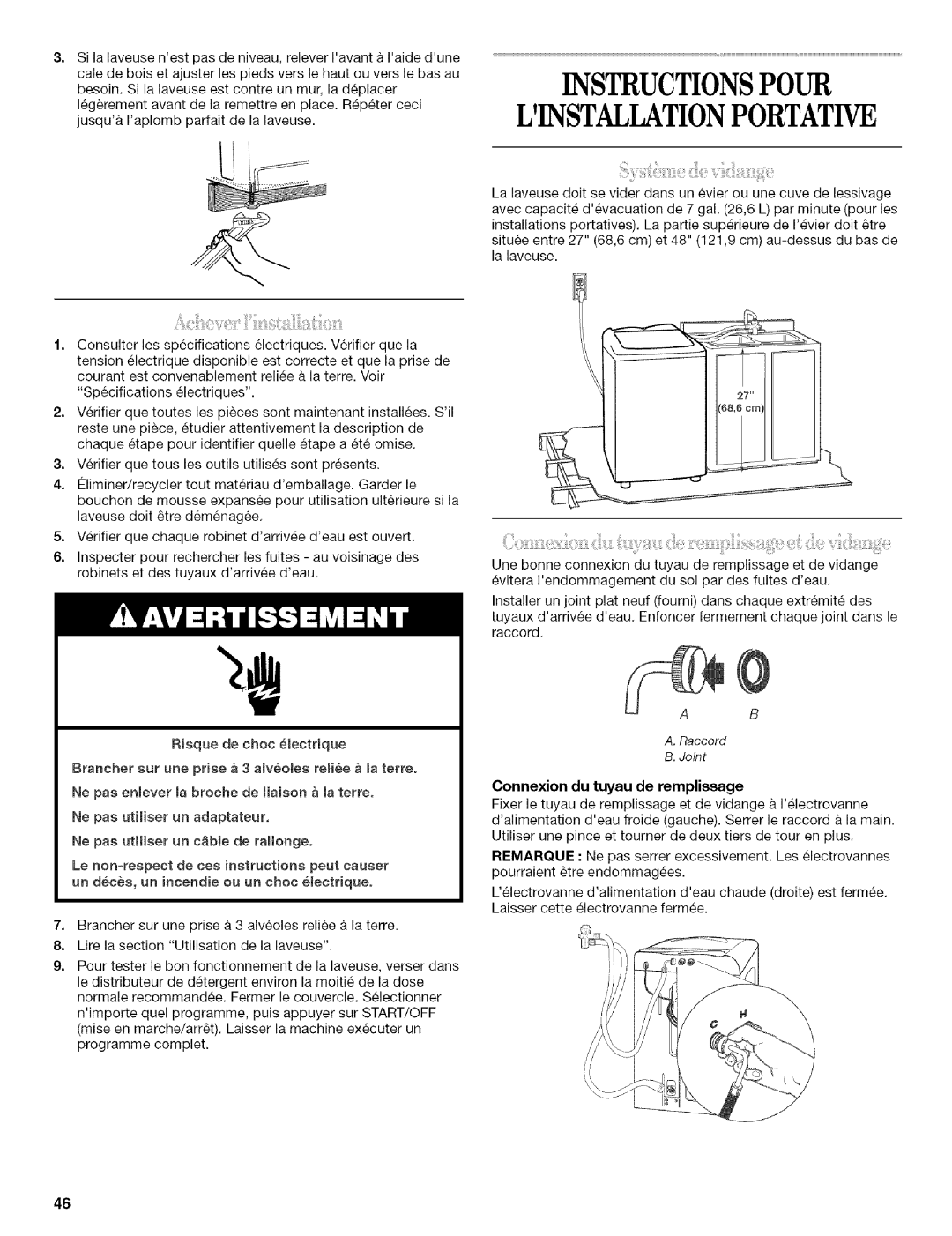 Whirlpool 326035915 manual Instructionspour, Linstallationportative, Connexion du tuyau de remplissage 