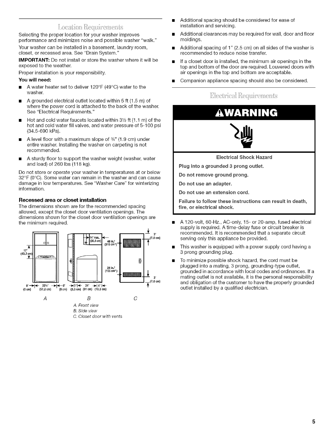 Whirlpool 326035915 manual Selectingtheproperlocationforyourwasherimproves, Recessed area or closet installation 