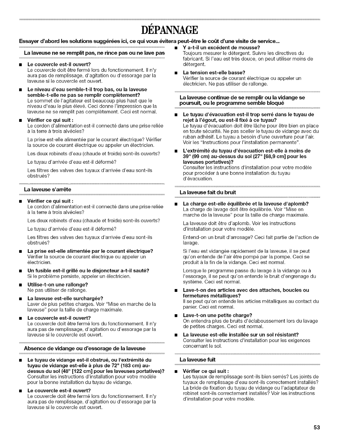 Whirlpool 326035915 manual Depannage 