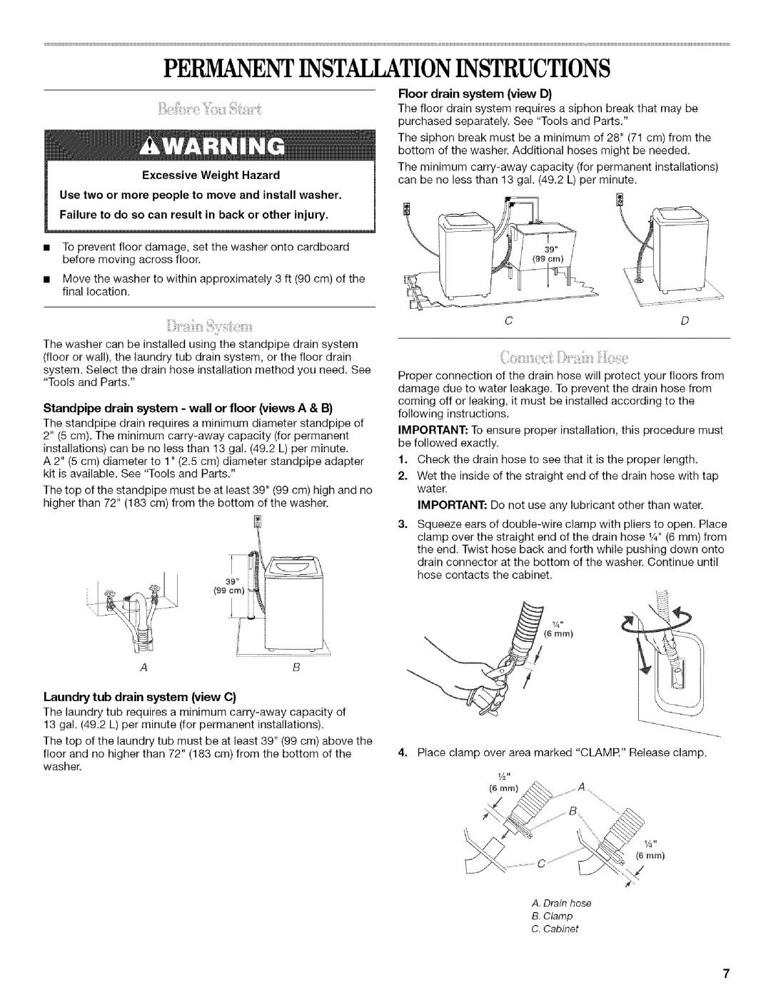 Whirlpool 326035915 manual Permanentinstallationinstructions, Standpipe drain system wall or floor views a & B 