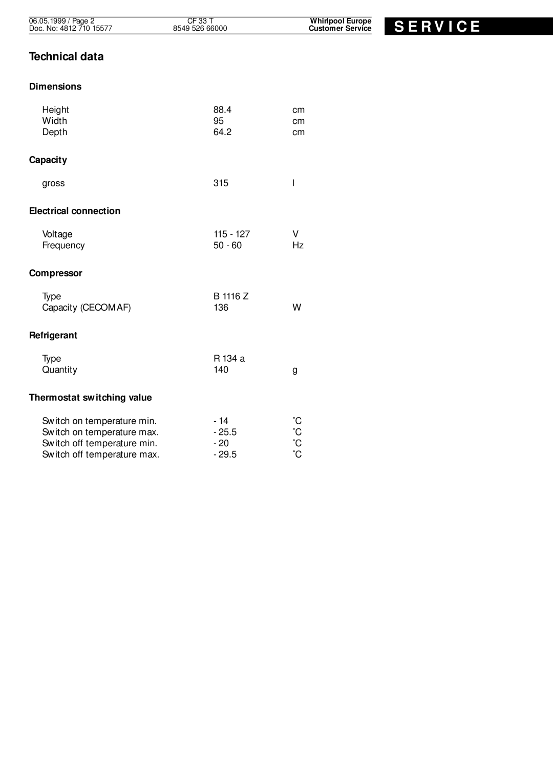 Whirlpool CF 33 T service manual R V I C E, Technical data 